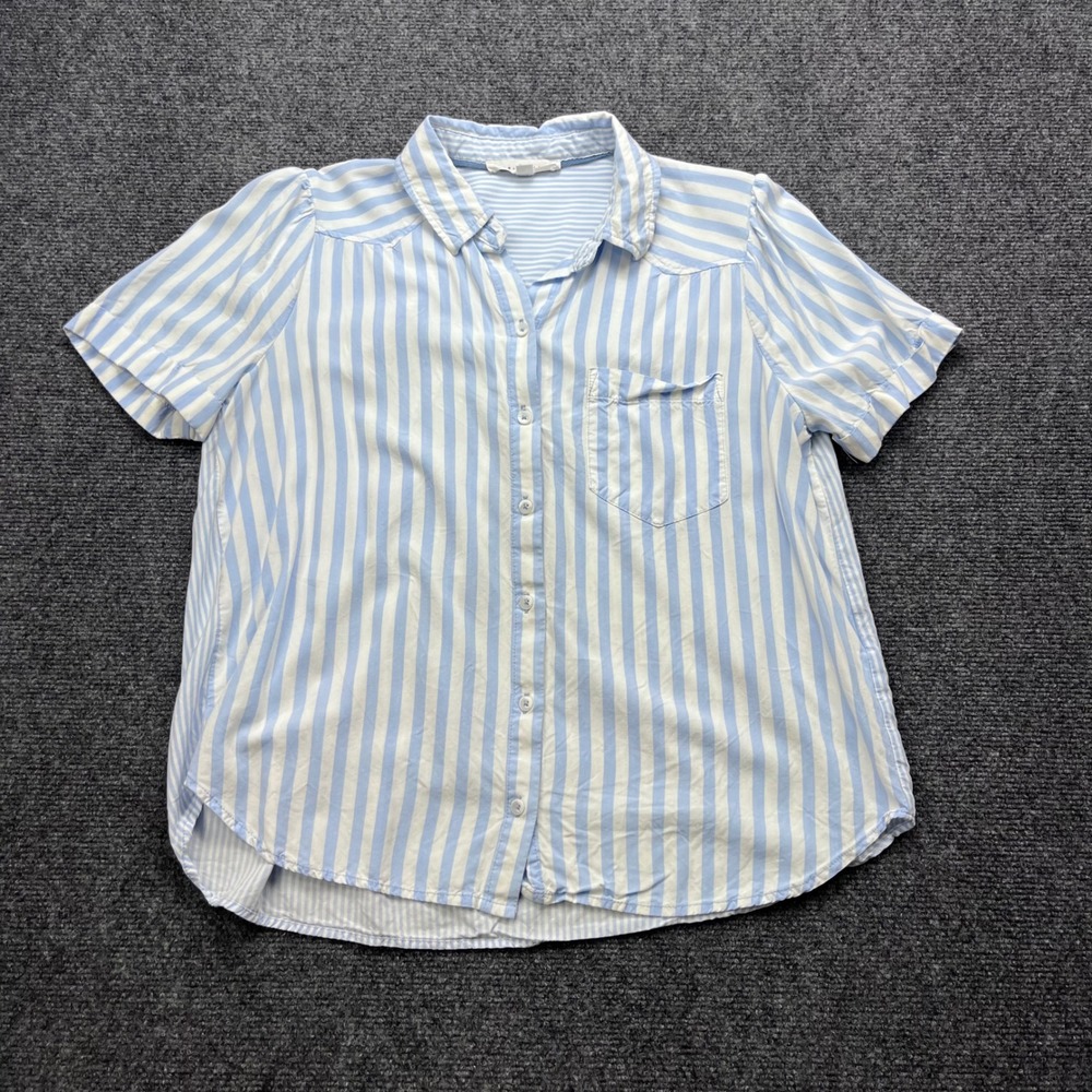 Jane + Delancey Coastal Preppy Nautical Blue White Striped Button Down Shirt